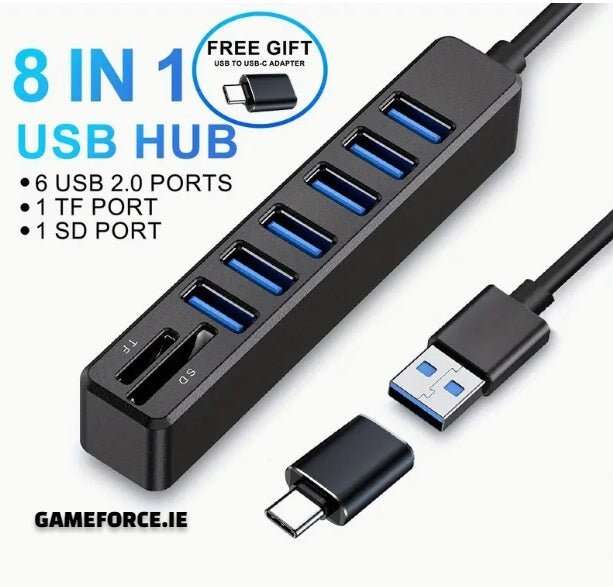 ARES 8-in-1 USB hub  -  clear product hero shot showing the hub body, attached 1m cable, and USB-to-Type-C adapter for context and scale.