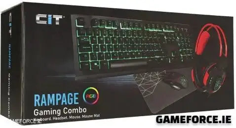 CiT Rampage RGB Gaming Keyboard, Mouse, Headset & Mouse Pad 4-in-1 Bundle displayed with vibrant RGB lighting on a gaming desk setup.