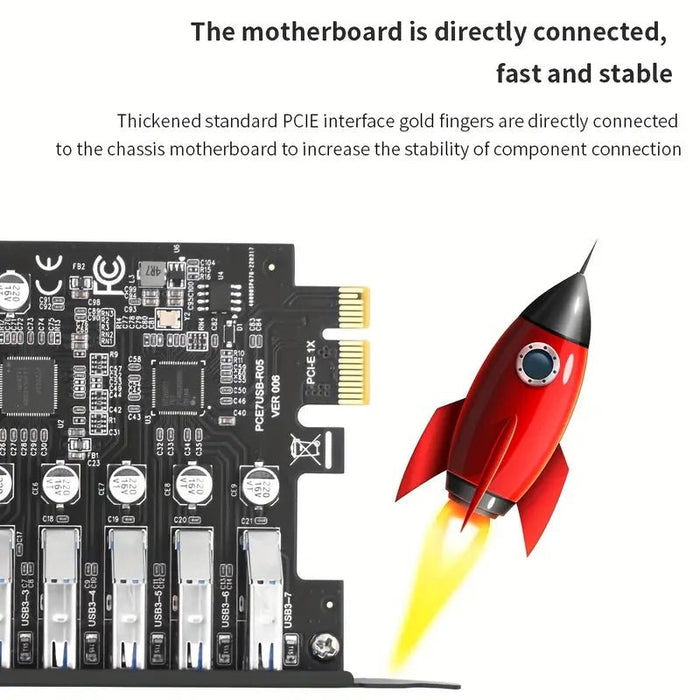 Motherboard with a red rocket graphic on a white background