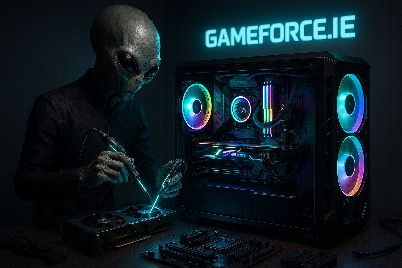 alien in black uniform building a custom gaming pc using an alien tool in a dimly lit room with the GAMEFORCE.IE logo on the wall in the background