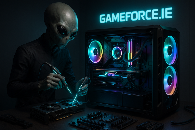 alien in black uniform building a custom gaming pc using an alien tool in a dimly lit room with the GAMEFORCE.IE logo on the wall in the background