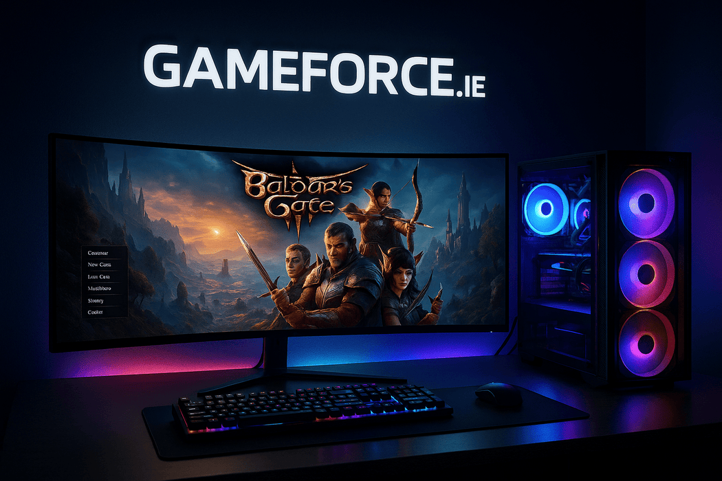 balders gate 3 playing on curved gaming monitor on desk beside rgb midi tower gaming pc with GAMEFORCE.IE logo on wall above the monitor