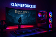elden ring nightreign pc game playing on curved gaming monitor with rgb miditower amd ryzen gaming pc on desk with gameforce.ie logo on wall behind 