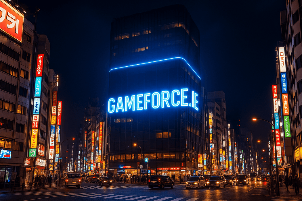 GAMEFORCE.IE logo on a building in tokyo in lights. 