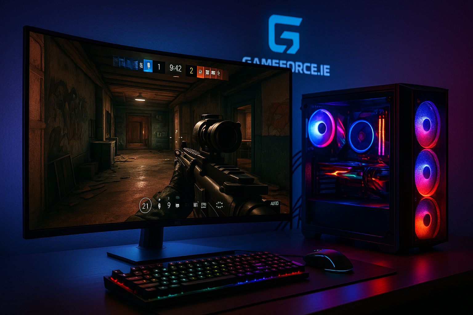 rainbow six siege x pc game playing on curved monitor on desk with rgb minitower pc with gameforce.ie logo on wall behind monitor