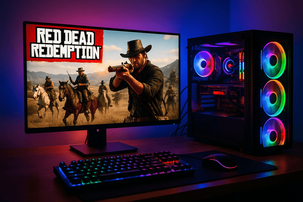 RED DEAD REDEMPTION PC GAME PLAYING on monitor on desk rgb gaming pc 