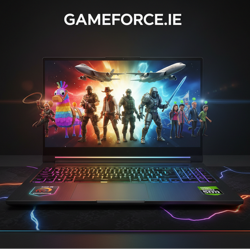 Gaming laptop with colorful display on a dark surface, featuring 'GAMEFORCE.IE' branding.
