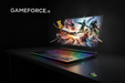 Gaming laptop with colorful display on a dark surface, featuring Gameforce.ie branding.